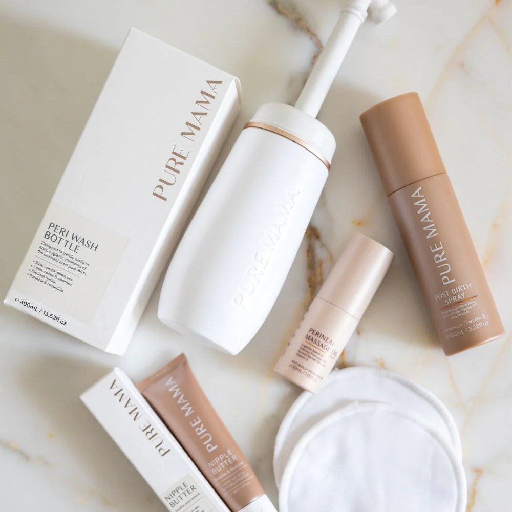 Pure Mama Birth & Postpartum Recovery Set for women, includes care products in natural packaging, designed for new mothers.
