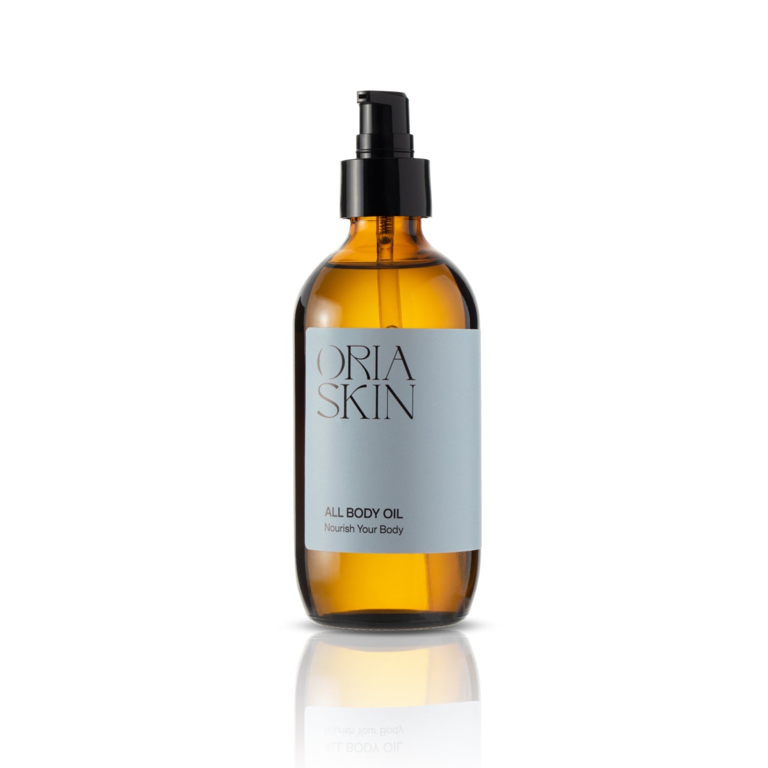 Oria Skin All Body Oil in a 200ml bottle, smooth and nourishing skincare product with a clear liquid appearance.