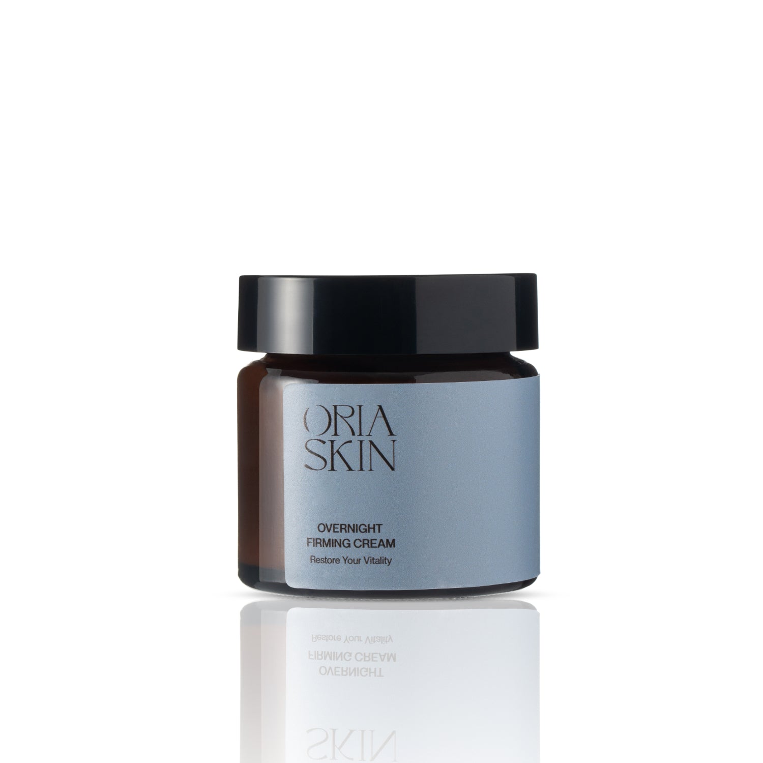 Oria Skin Overnight Firming Cream jar with 65g of skincare cream, showing the product label and lid.