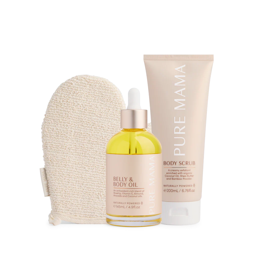 Pure Mama Bump Love Set for women featuring belly and body oils, and stretch mark scrub for skin care during pregnancy.