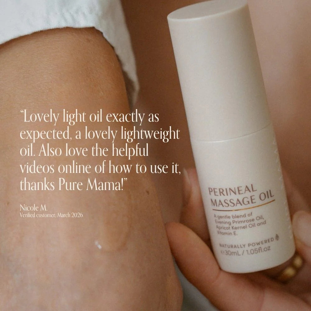Pure Mama postpartum recovery set with perineal massage oil for birth prep and reducing tearing, designed for women's care.