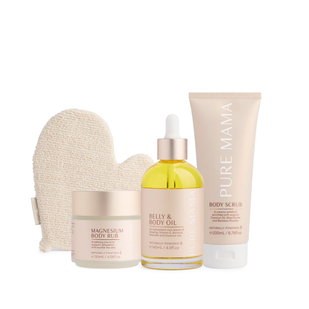 Pure Mama Pregnancy Care Set including belly and body oils, magnesium rub, and body scrub, designed for women's prenatal skin care.