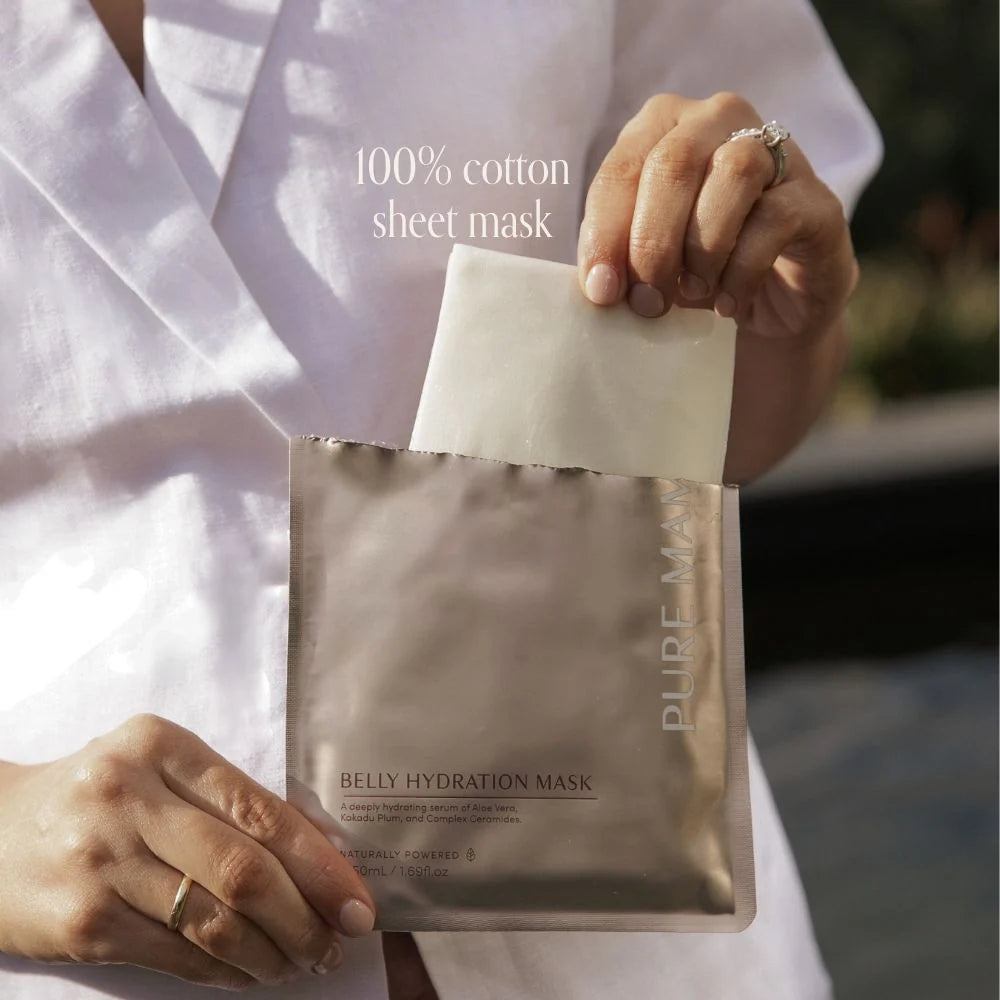 Pure Mama Belly Hydration Mask for women care, showing the 50ml container designed to reduce stretchmarks and hydrate the skin.