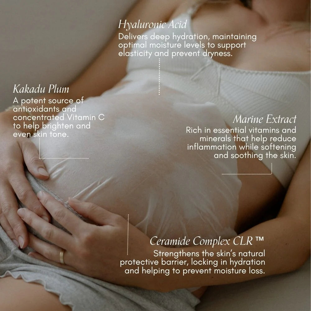 Pure Mama Belly Hydration Mask for women, shown in a 50ml jar, designed to soothe and hydrate stretchmarks on the skin.