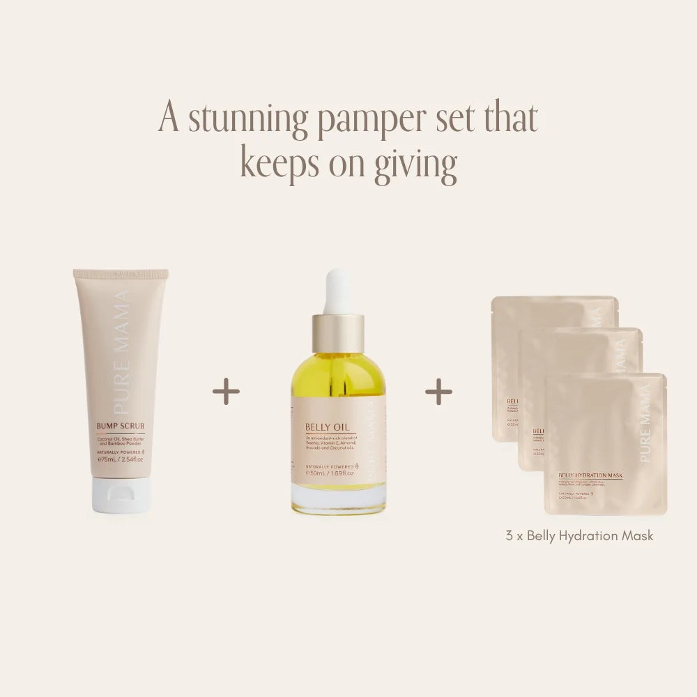 Pure Mama Belly Spa Kit for women, featuring oil, scrub, and mask for pregnancy skin care and relaxation.
