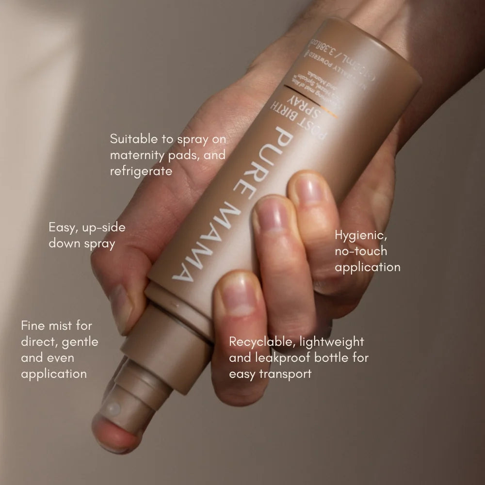 Pure Mama Post Birth Relief Spray with witch hazel and aloe, designed for women’s vulva comfort after childbirth.