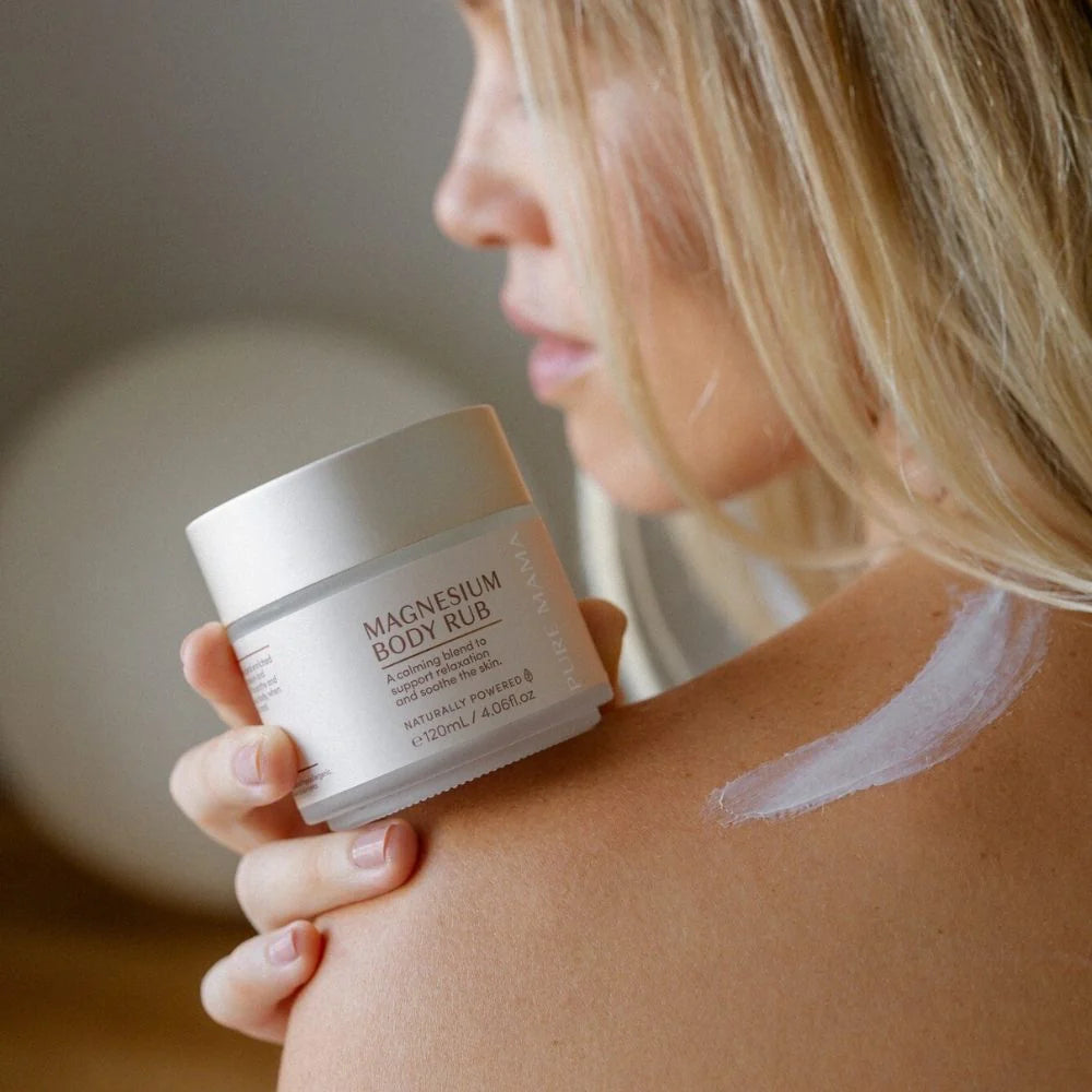 Pure Mama Magnesium Body Rub for women, 120ml, showing the soothing cream designed for sleep support, relaxation, and muscle relief.