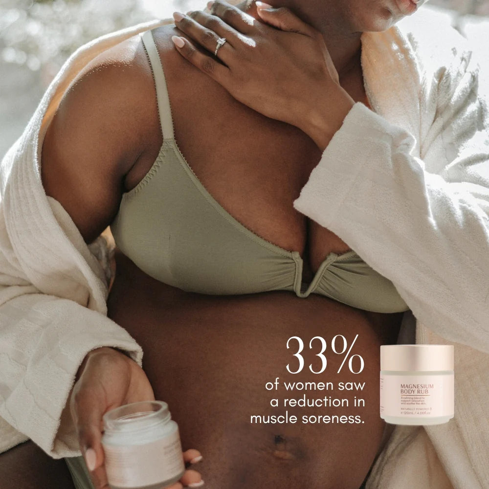 Pure Mama Magnesium Body Rub for women, 120ml, showing a relaxing massage application with soothing ingredients for sleep support and muscle relief.