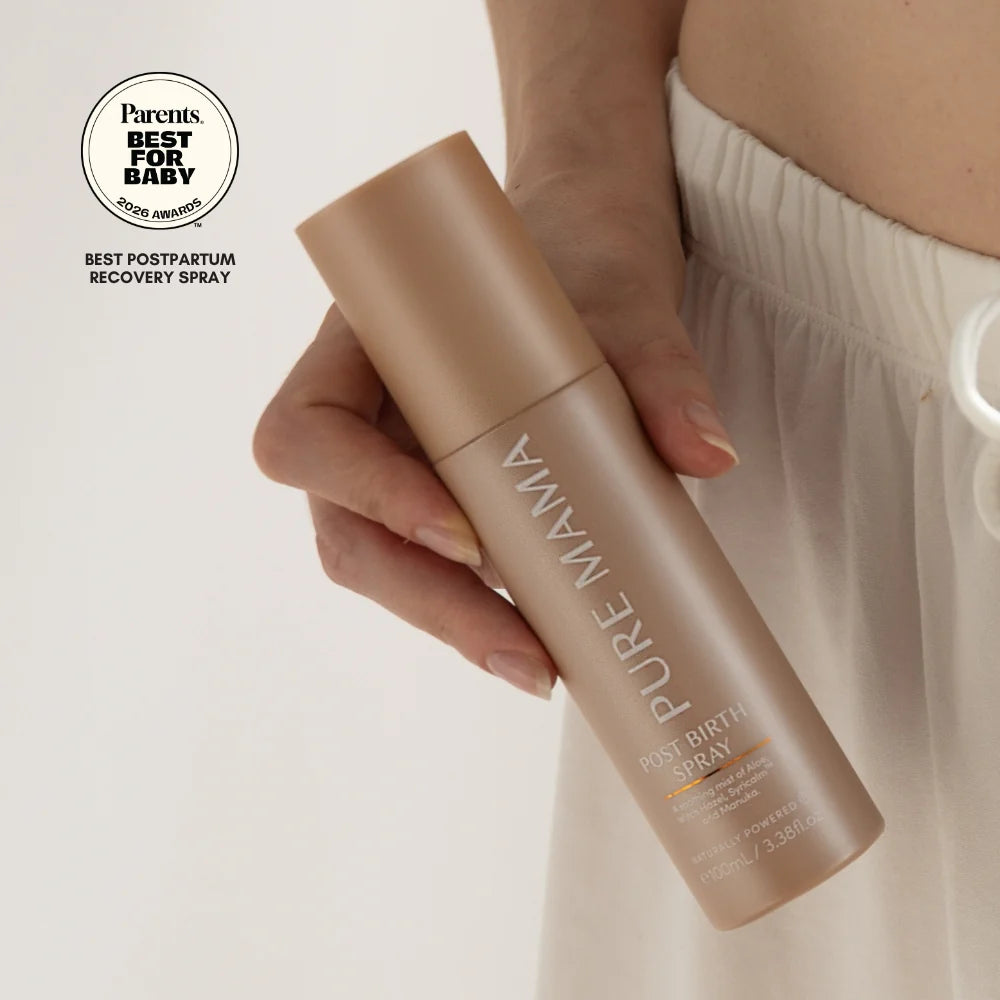 Pure Mama postpartum recovery set with perineal massage oil, nipple butter, nursing pads, peri-wash bottle, and post-birth spray.