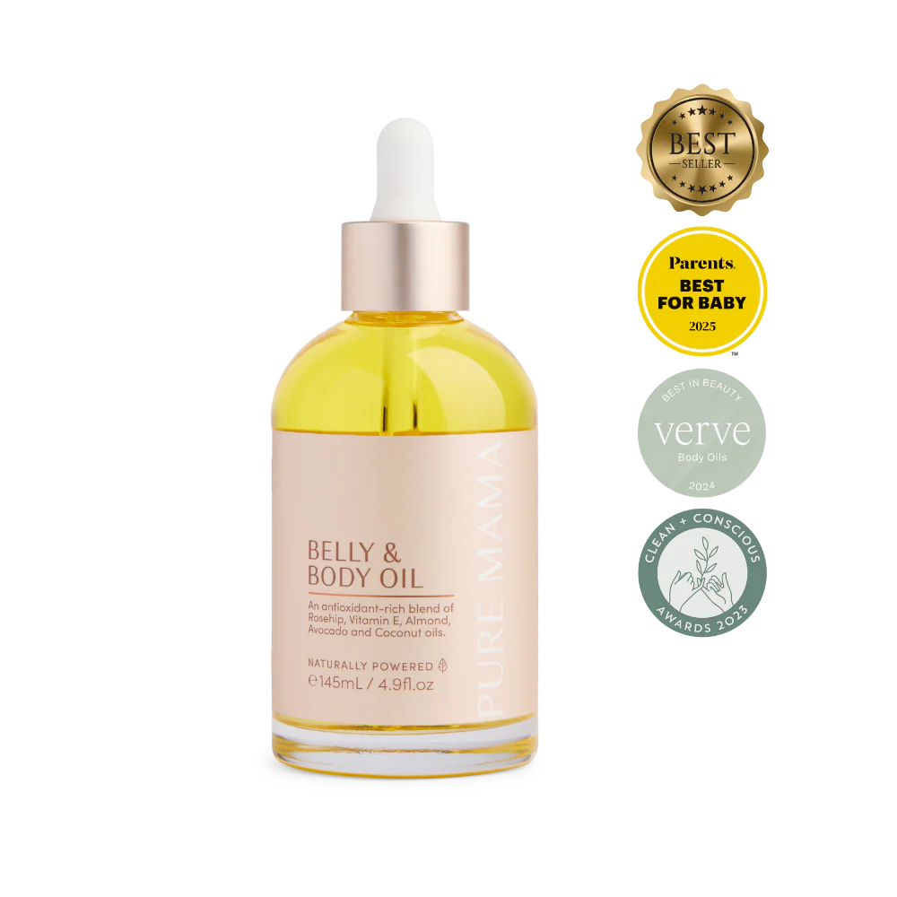 Pure Mama Belly & Body Oil for women, showing a 145ml bottle of stretch mark and firming oil for skin care.