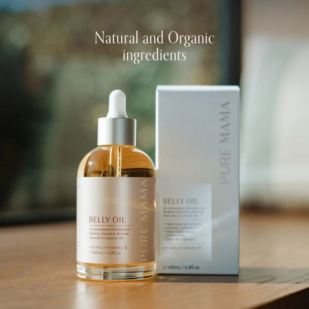 Pure Mama Belly & Body Oil bottle, women care product, 145ml, featuring a soft pump dispenser and natural ingredients for skin nourishment.