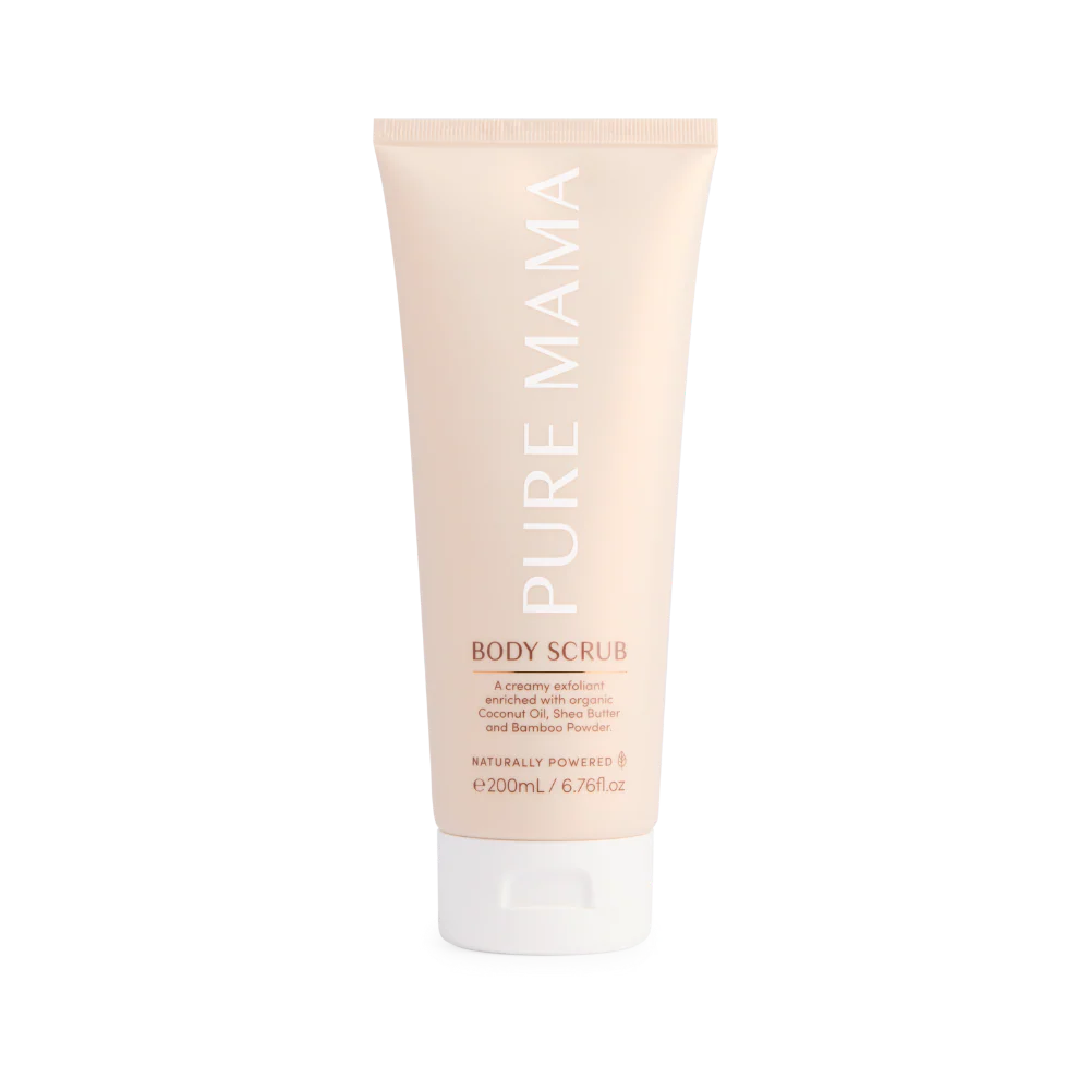 Pure Mama Bump Scrub in a 200ml jar, designed for women’s skin care to reduce stretch marks and improve skin texture.