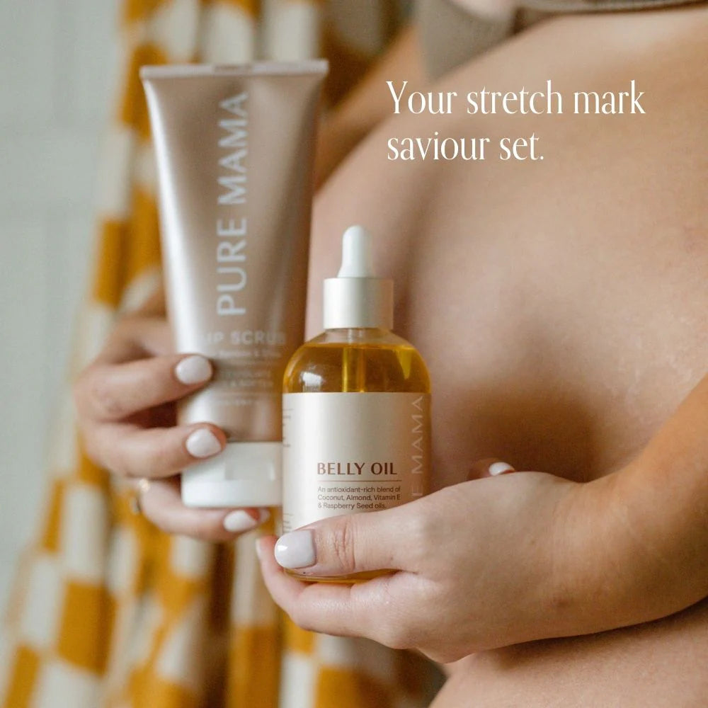 Pure Mama Bump Scrub in a 200ml jar, featuring a natural women’s body care product with exfoliating ingredients for stretch marks.
