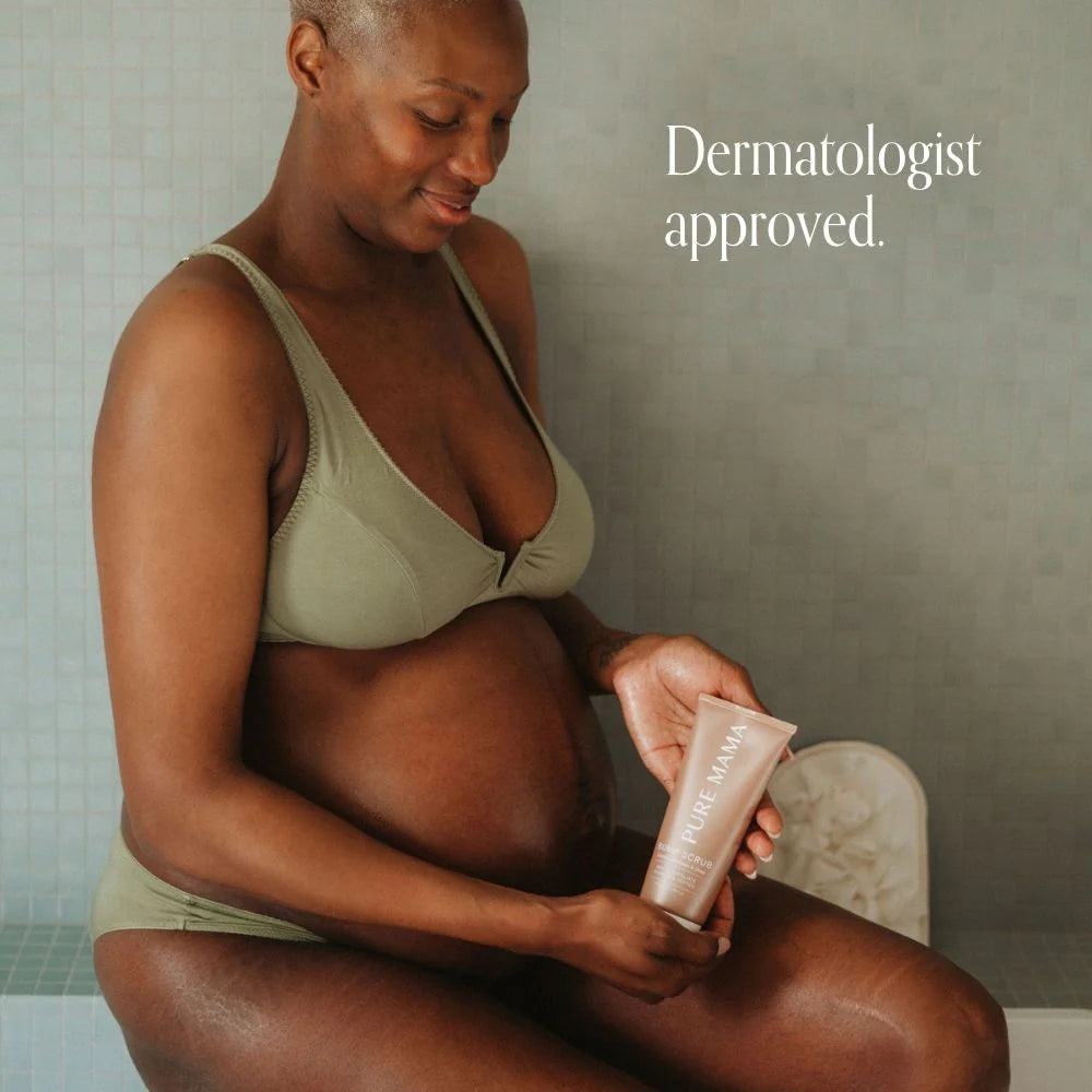 Pure Mama Bump Scrub for women care, 200ml bottle, showing the product with natural ingredients and textured scrub surface.