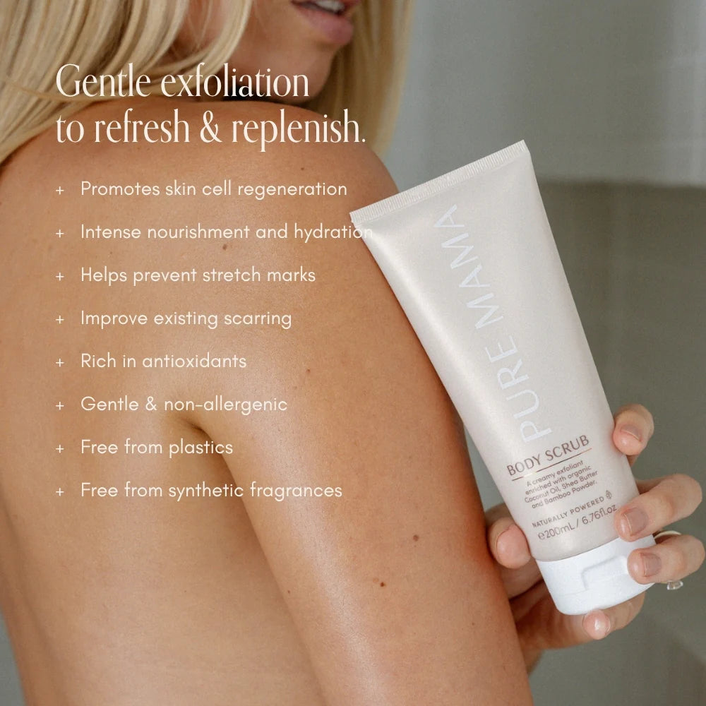 Pure Mama Bump Scrub for women, 200ml, featuring natural ingredients for stretch mark care in a clear jar with a textured scrub.