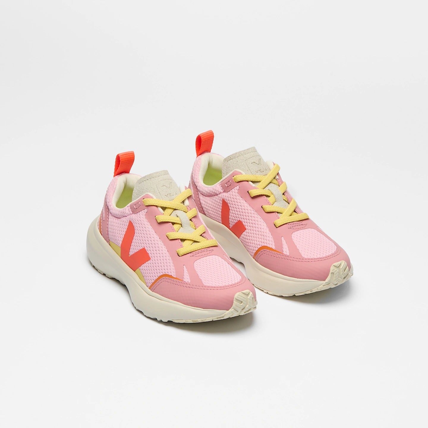 VEJA Canary Light Alveomesh vegan sneakers in Guimauve Orange Fluro with pink accents, featuring breathable mesh and stylish design.
