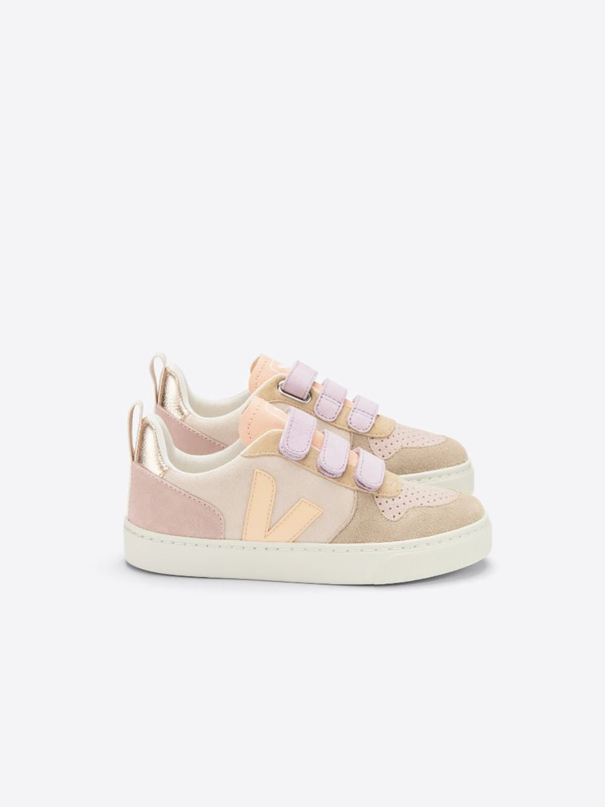 Lateral view of VEJA V10 Suede sneakers in multicolor and sable, showcasing stylish multicolor suede footwear by VEJA.