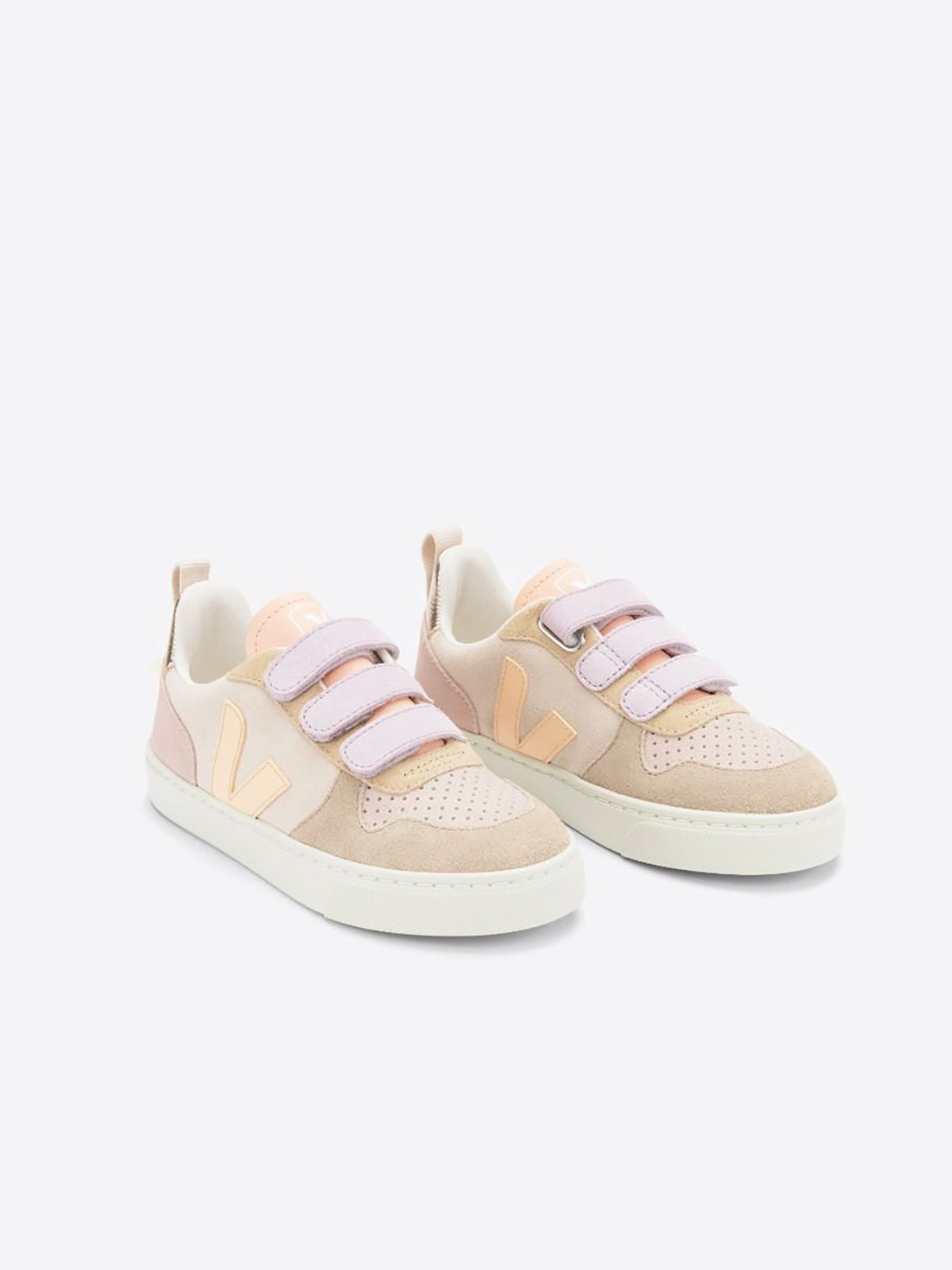 Close-up of VEJA V10 Suede sneakers in multicolor and sable, showcasing the stylish design and textured suede material.