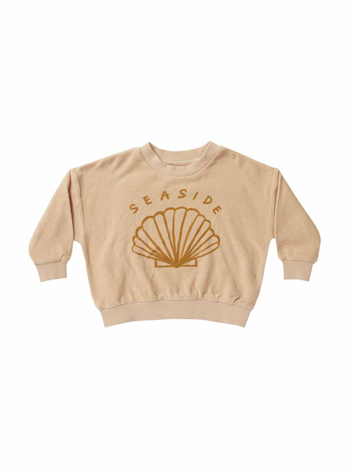 RYLEE + CRU Terry Crewneck top in Seaside Shell color, soft cotton fabric, featuring a relaxed fit and classic crewneck style.