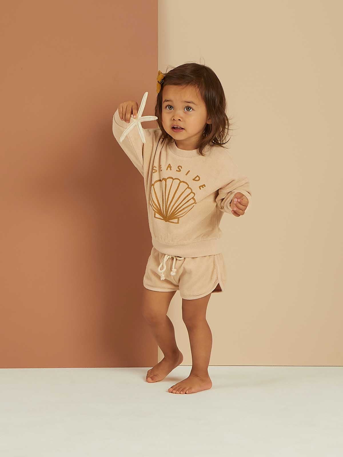 Rylee + Cru Terry Crewneck in Seaside Shell, soft cotton top with relaxed fit, featuring cozy terry fabric and casual style.