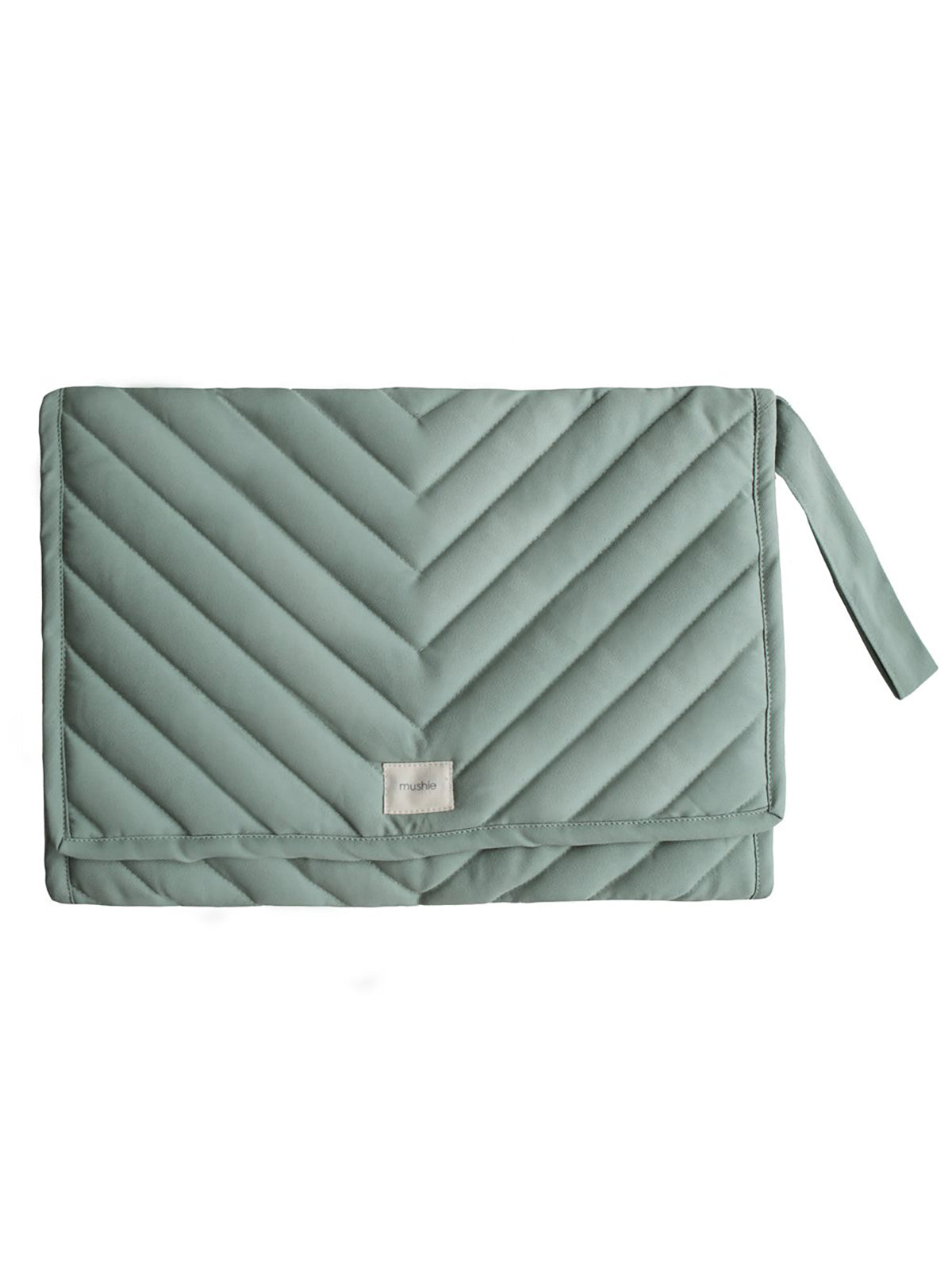 Mushie portable change pad cover in Roman Green, open to show soft, waterproof surface for baby diaper changes.