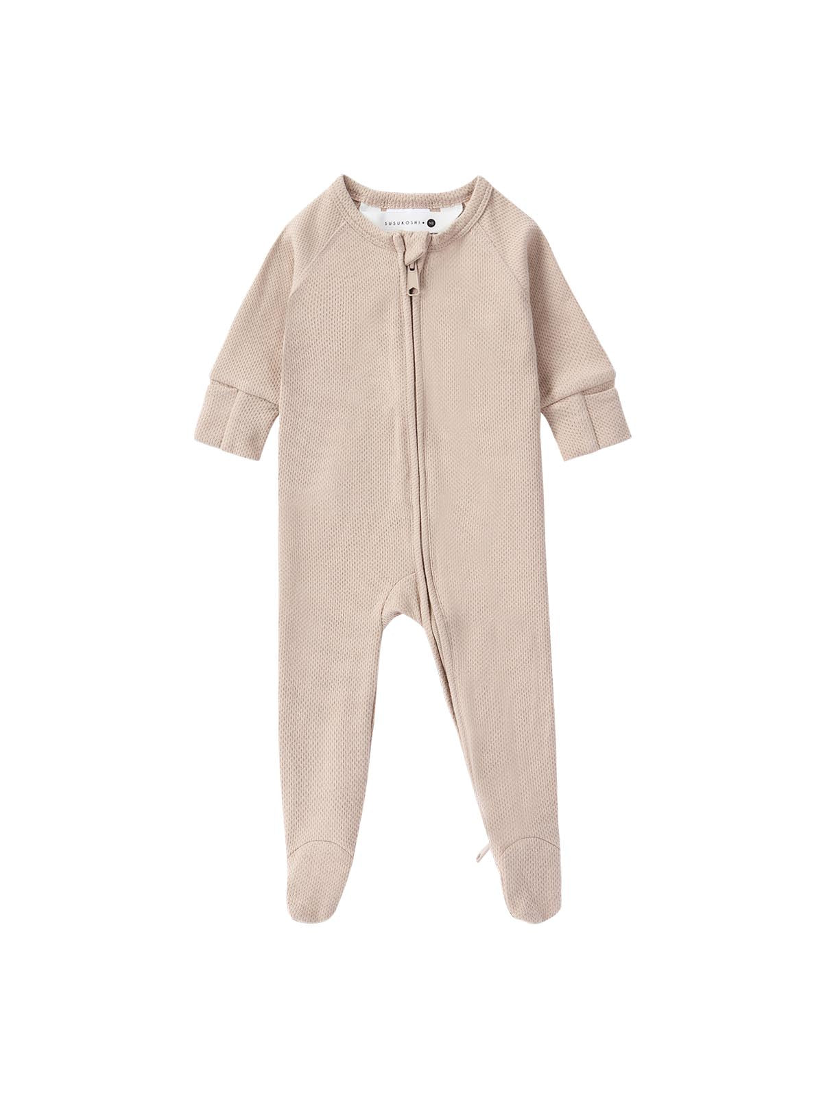 Susukoshi organic zip growsuit for babies. Taupe Pointelle
