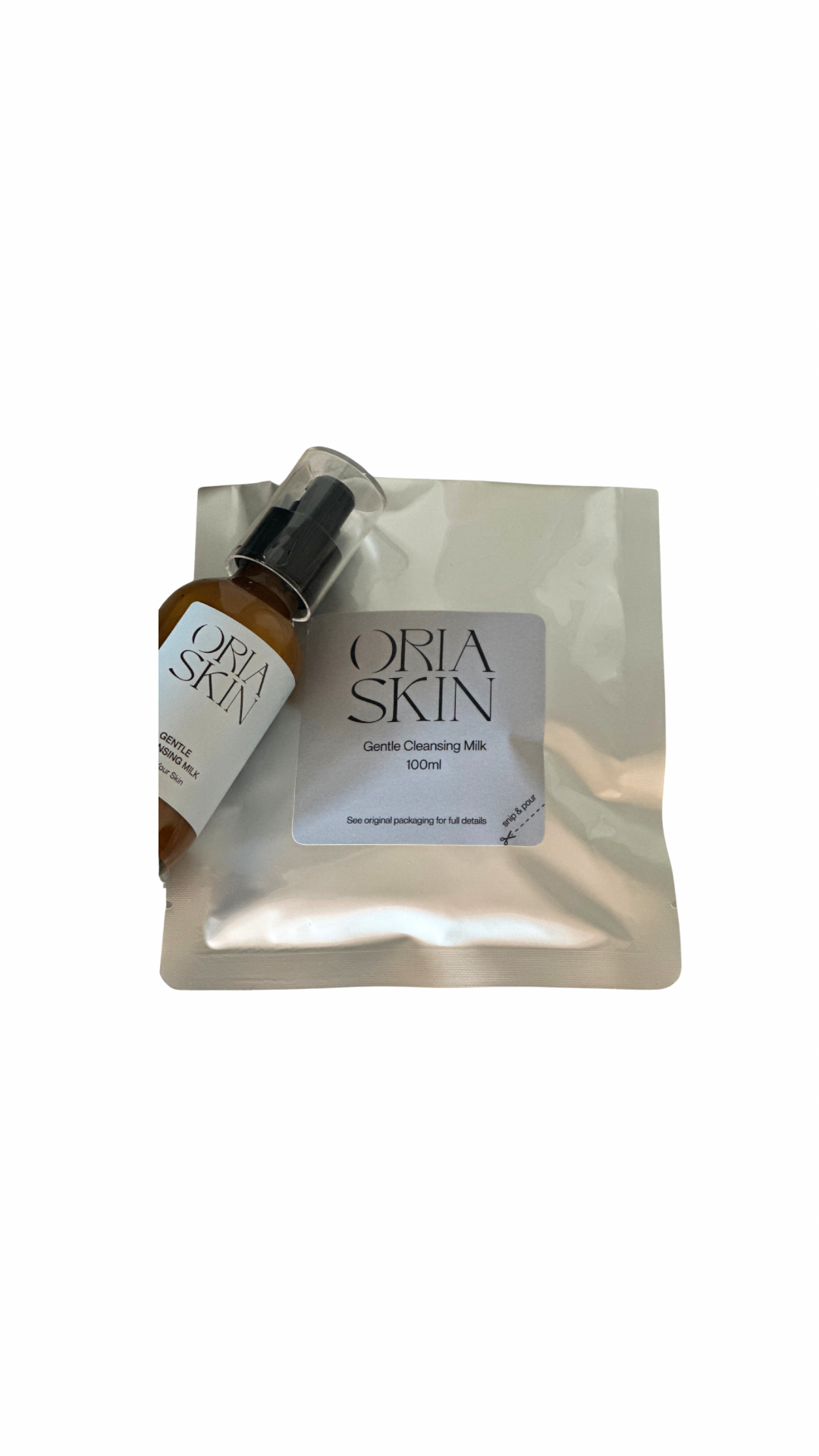 Oria Skin SKIN Gentle Cleansing Milk in a 100ml bottle, suitable for sensitive skin, with a soft, white creamy texture visible.