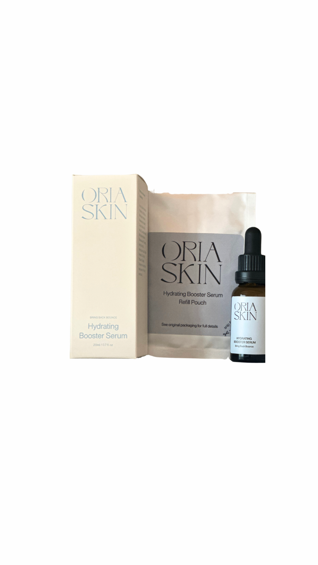 Oria Skin Hydrating Booster Serum in 20ml and 50ml bottles, featuring clear bottles with dropper caps and label branding.