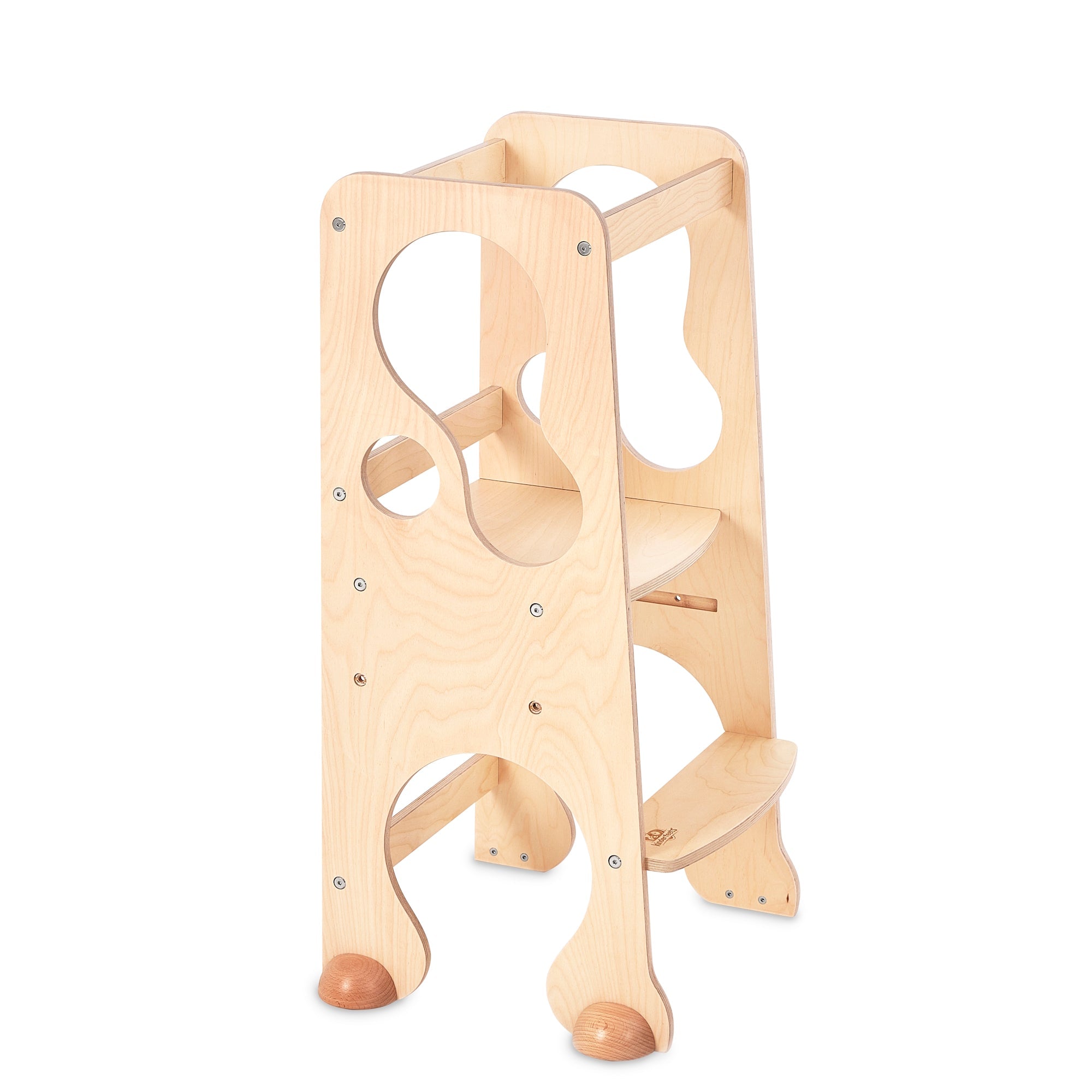 Kinderfeets Pikler Learning Tower in natural wood finish, child-safe wooden step stool for climbing and play.