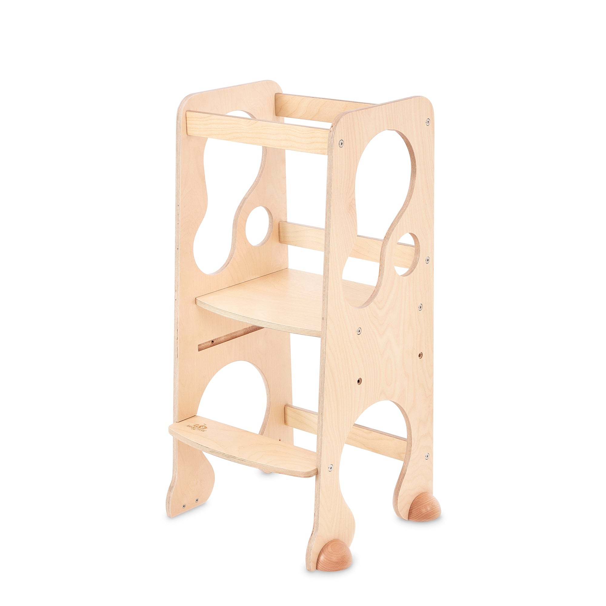 Kinderfeets Pikler Learning Tower in natural wood finish, child-sized wooden climbing and activity tower for safe play and learning.