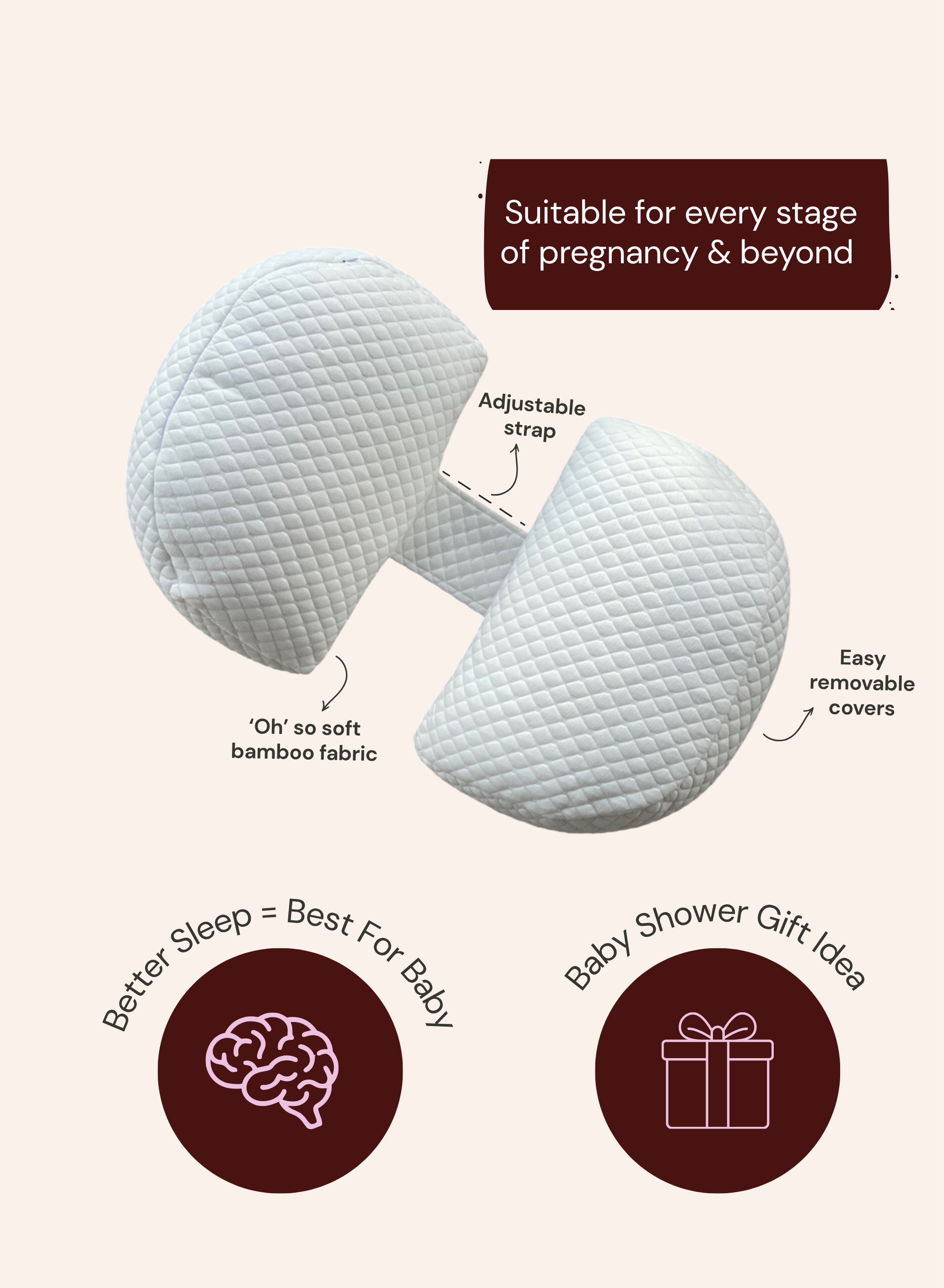 Belly Bliss pregnancy pillow with soft fabric cover, designed for supporting pregnant women in sleeping comfortably.