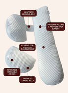 Belly Bliss pregnancy pillow in soft fabric, designed to support a pregnant belly and provide comfort during sleep.