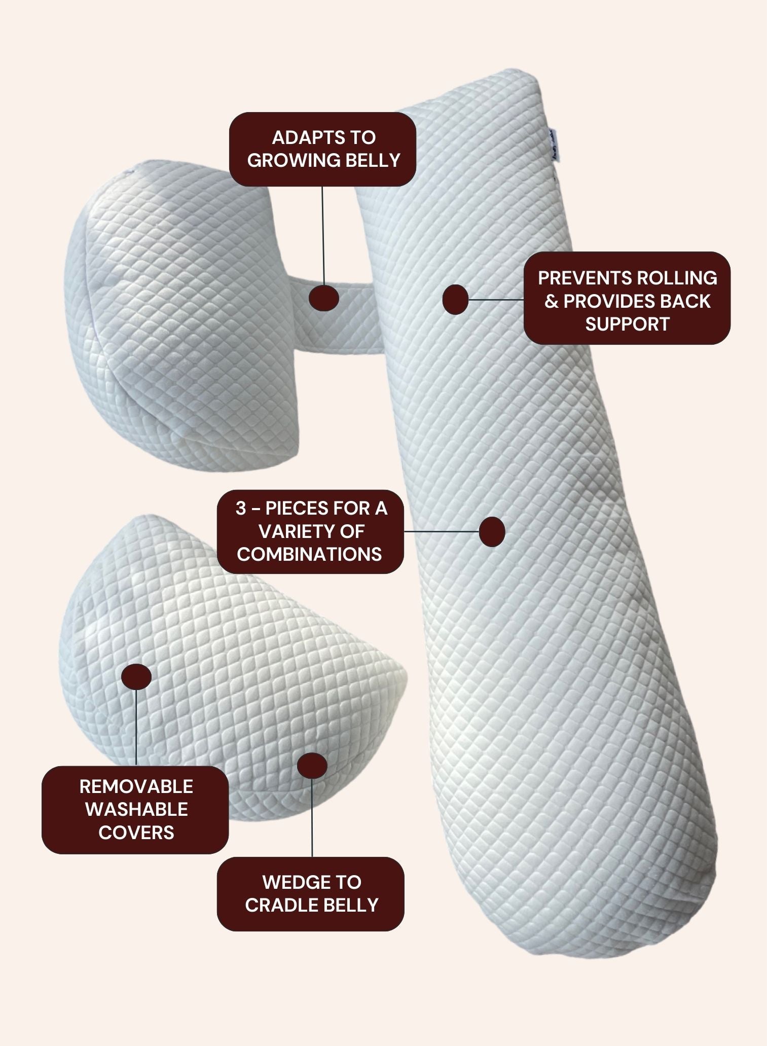 Belly Bliss pregnancy pillow in soft fabric, designed to support a pregnant belly and provide comfort during sleep.