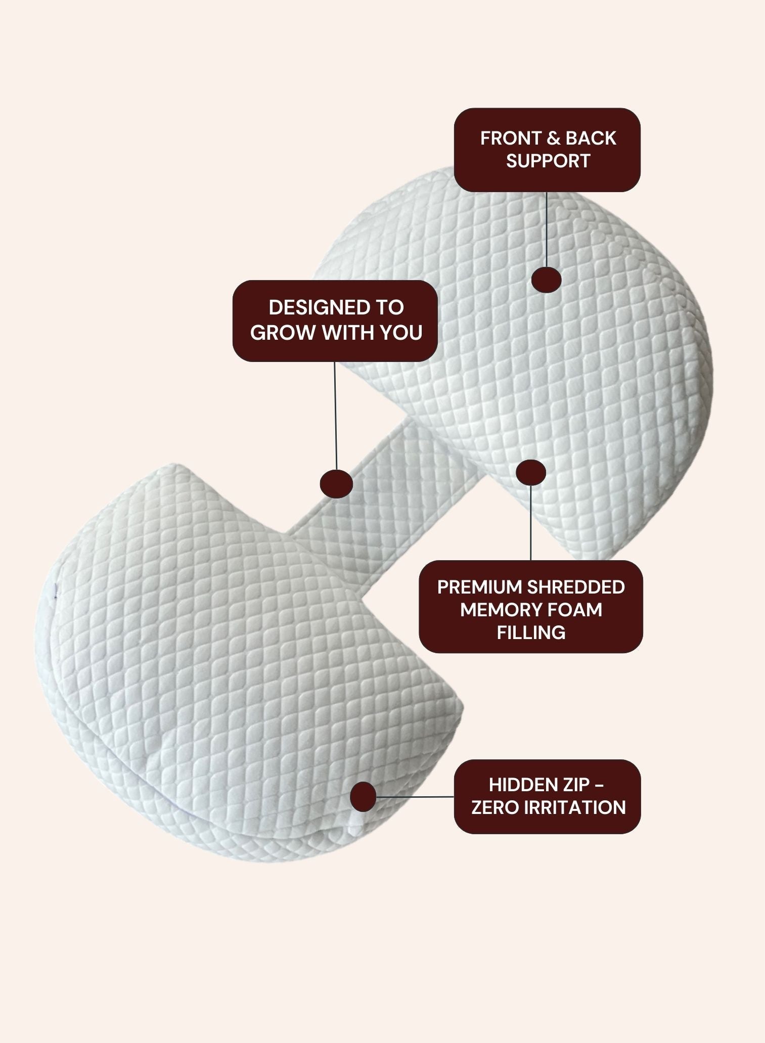 Belly Bliss pregnancy pillow in soft, supportive fabric with ergonomic design for comfortable pregnancy sleep.