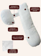 Belly Bliss pregnancy pillow in gray, ergonomic shape supporting side sleeping and pregnancy comfort, soft fabric cover.
