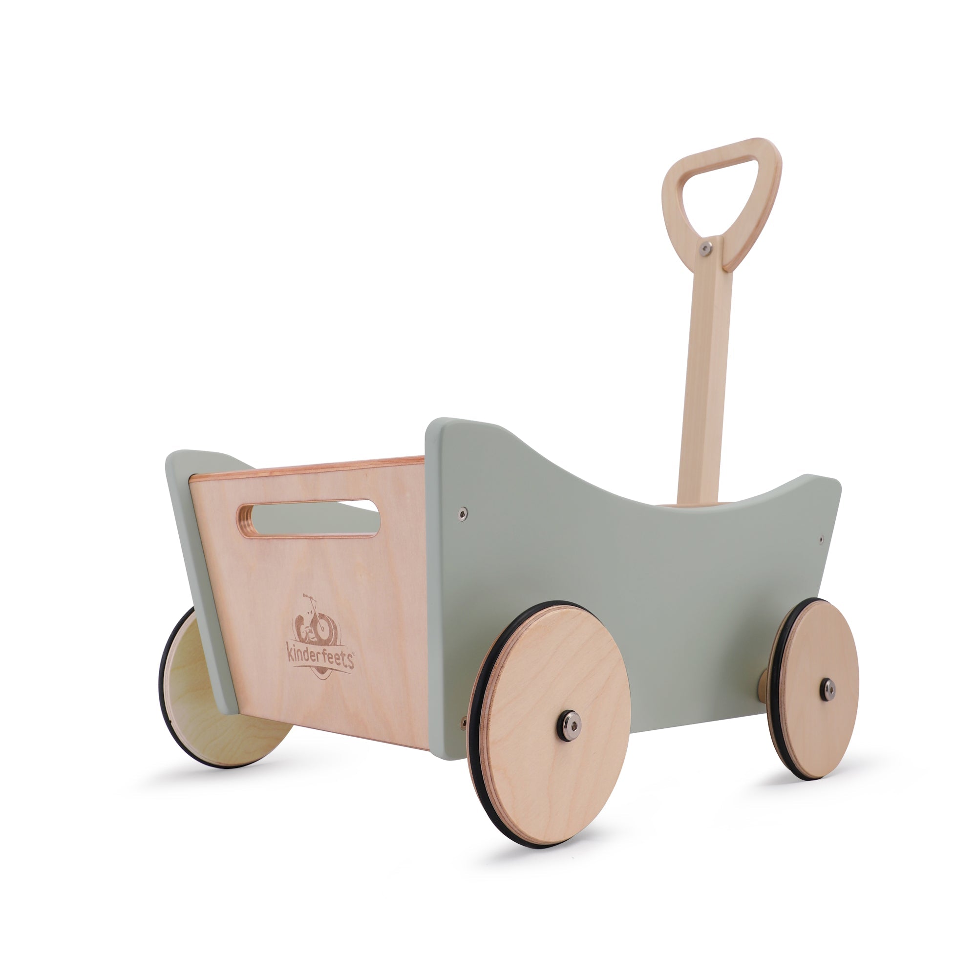 Wooden Kinderfeets Pull Wagon toy with handles and wheels, designed for kids to pull and play with.