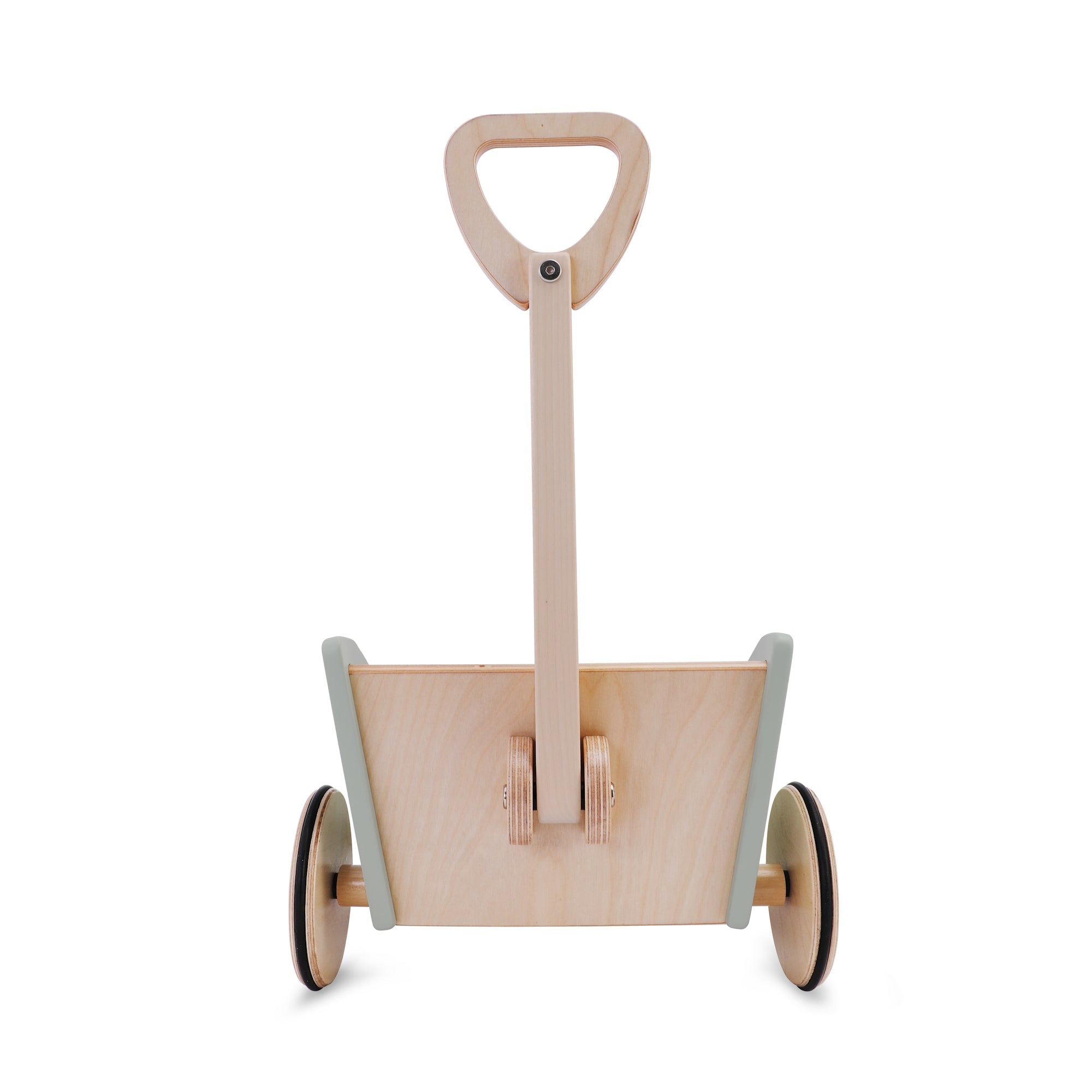 Kinderfeets pull wagon toy made of wood, with colorful handles and wheels, designed for children to pull and play.