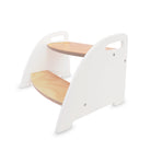 Kinderfeets step stool with wooden construction and natural finish, designed for children to reach higher surfaces safely.