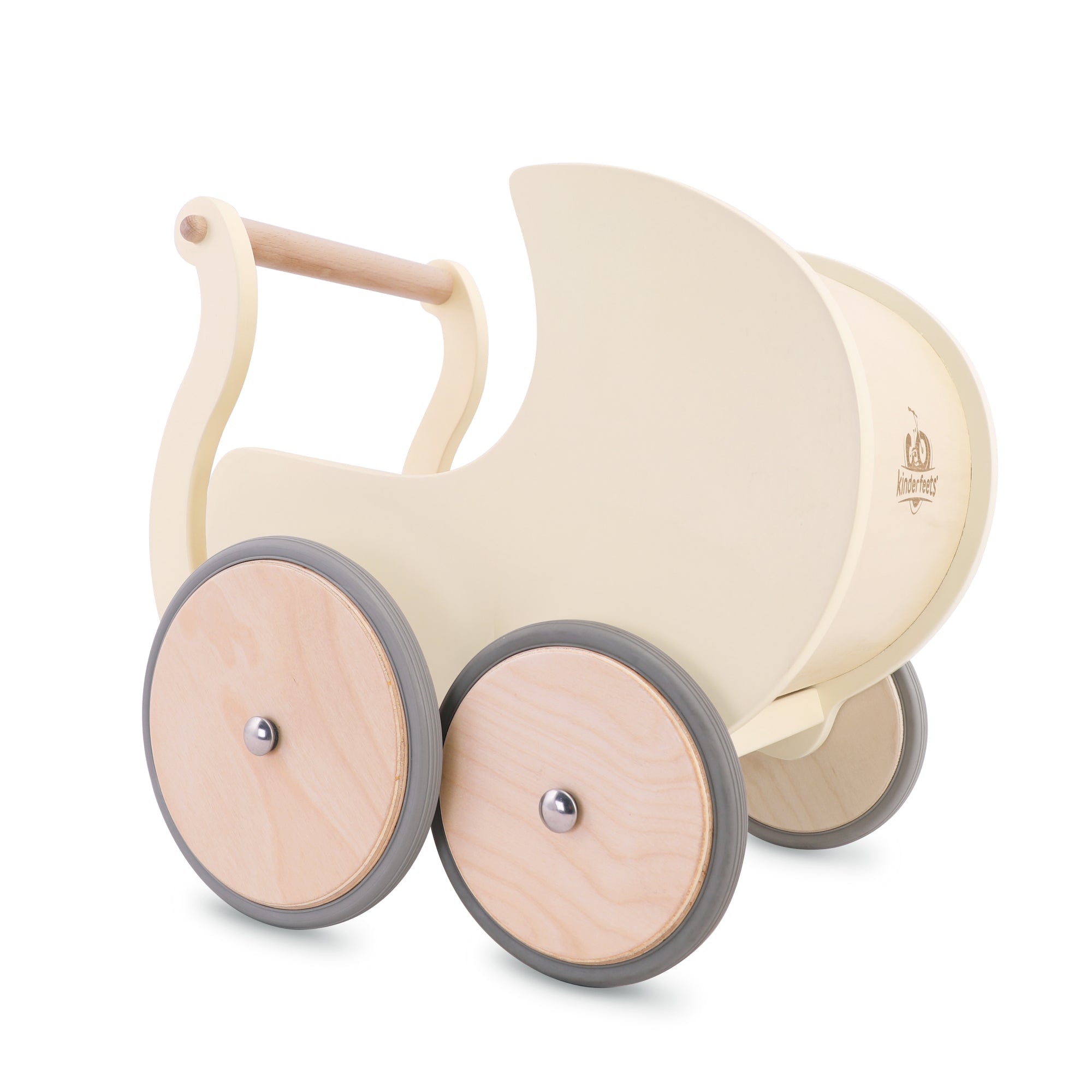 Wooden Kinderfeets Petit Pram toy for kids, featuring a classic design and natural wood finish, perfect for imaginative play.