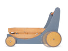 Kinderfeets Cargo Walker in slate blue, wooden toddler walker with side rack and extra wheels for stability and fun.