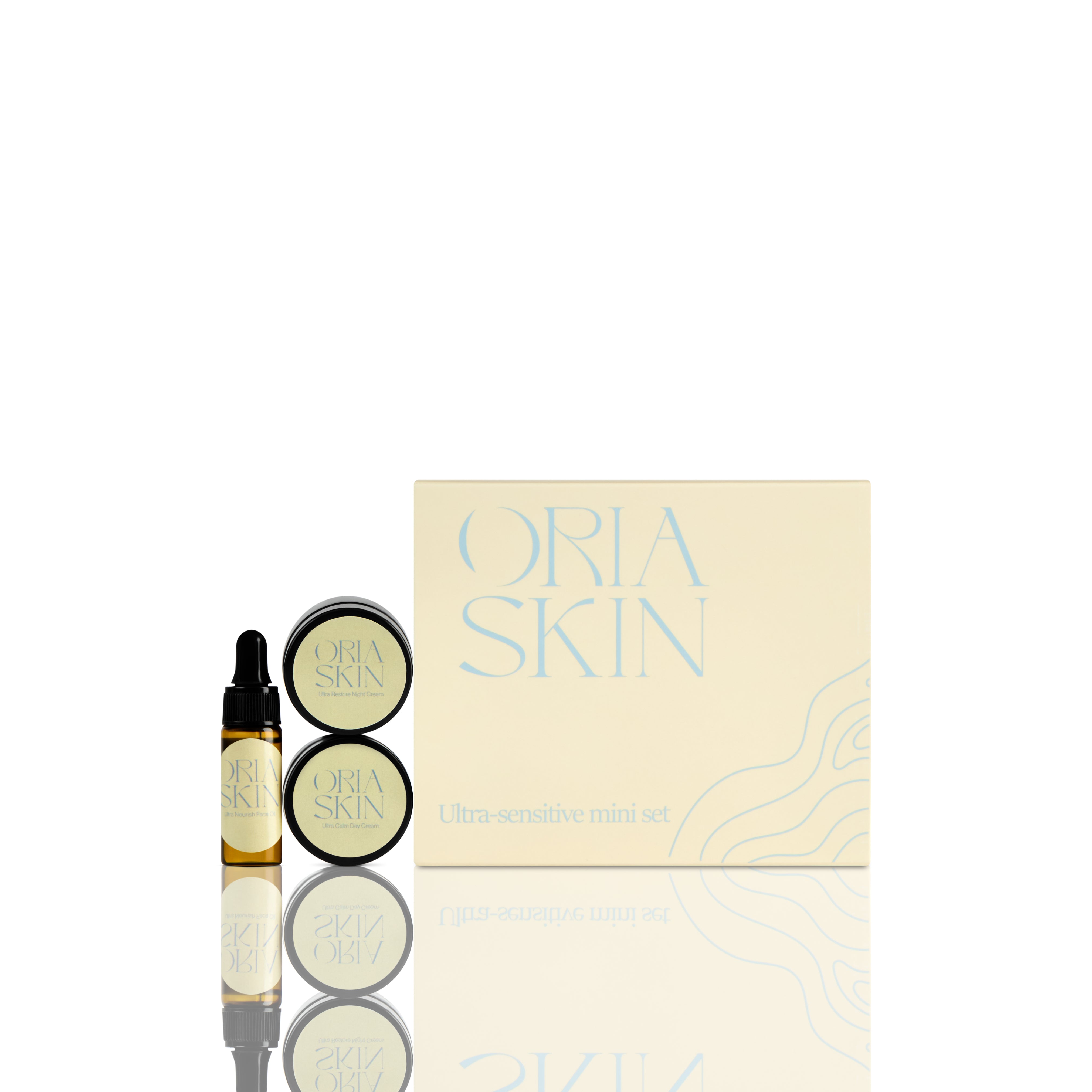 Oria Skin Ultra Sensitive Mini Set with gentle skincare products in small bottles, ideal for sensitive skin.