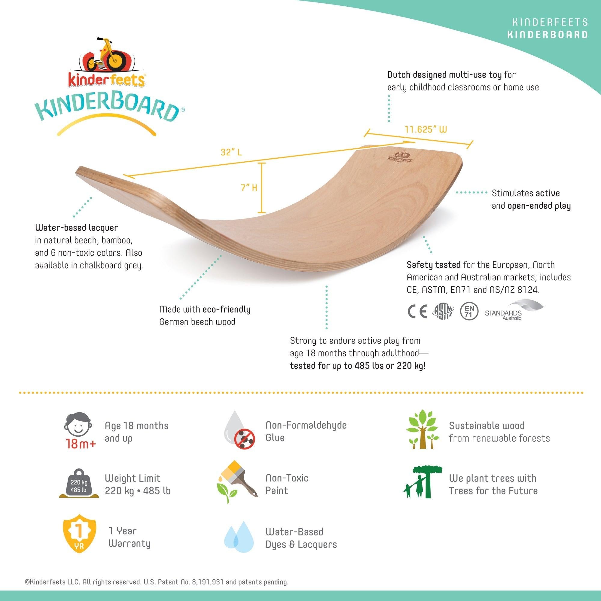 Colorful Kinderfeets Kinderboard balance board in rainbow design with wooden finish, ideal for kids' stability and coordination.