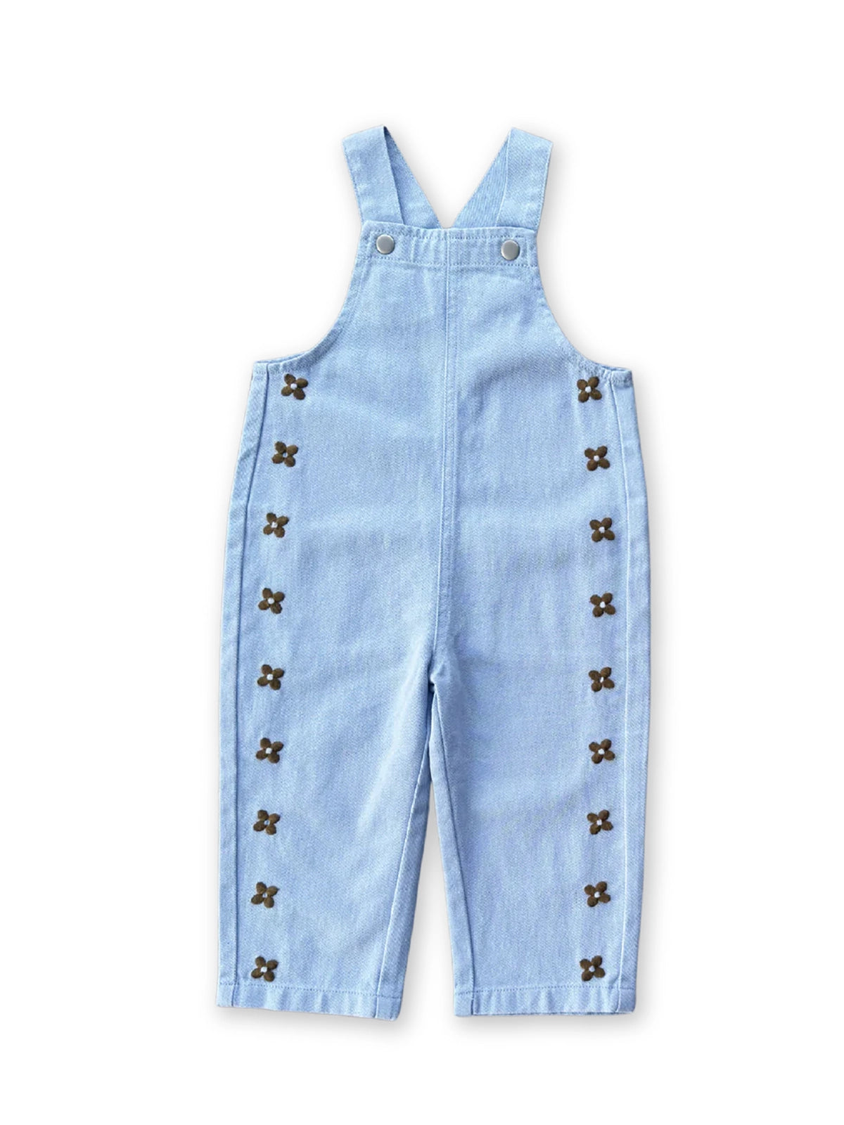 GROWN Organic Embroidery Posy Overalls, front view showing floral embroidery details and adjustable straps on cotton overalls.