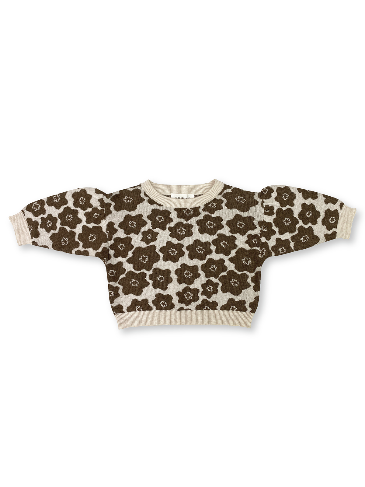 Grown Flower Drum knitted pull over in soft fabric, featuring a floral pattern and cozy fit, displayed on a neutral background.