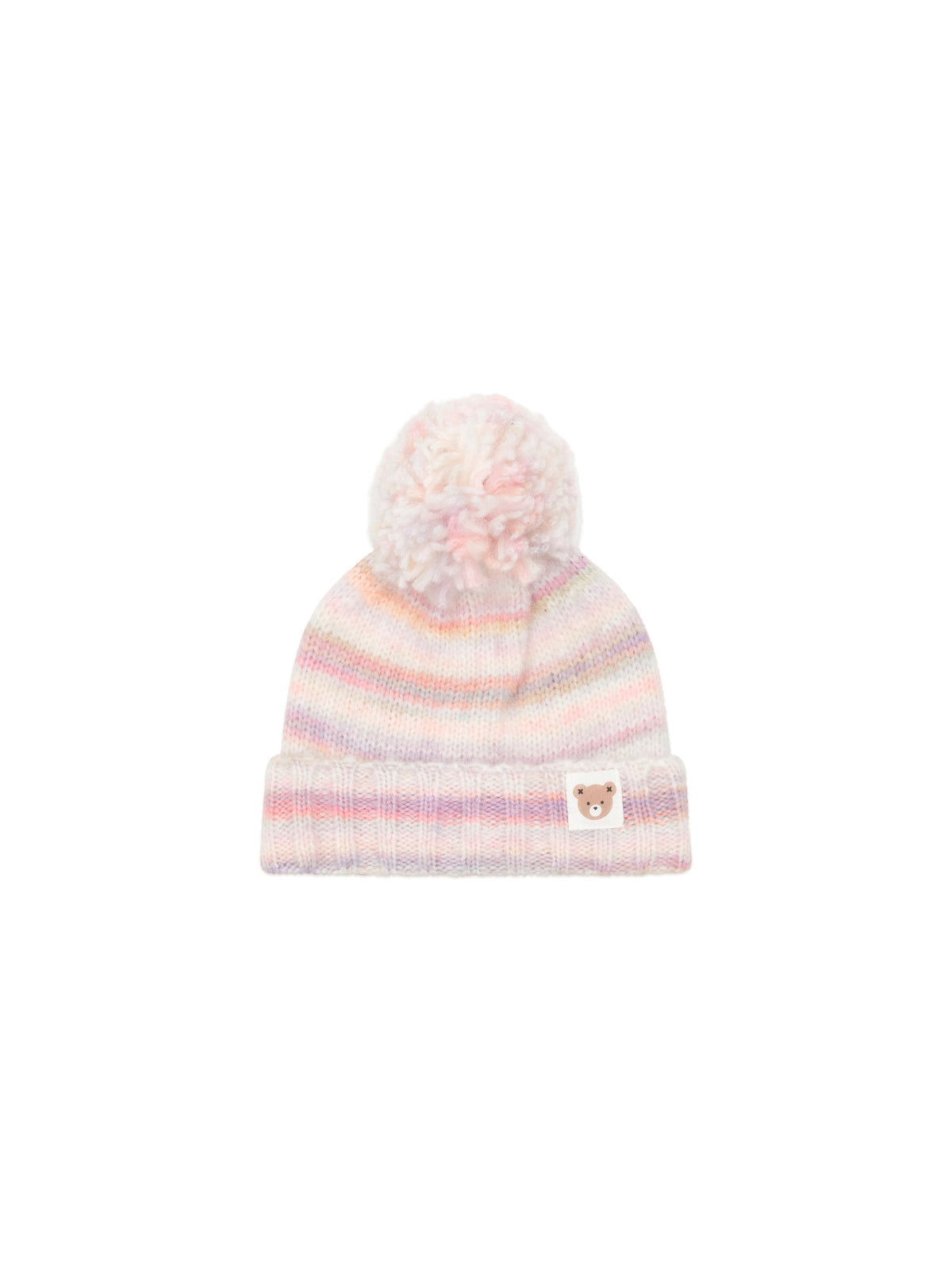 HUXBABY Rainbow Stripe Knit Beanie in white with colorful rainbow stripes, soft and cozy for babies.