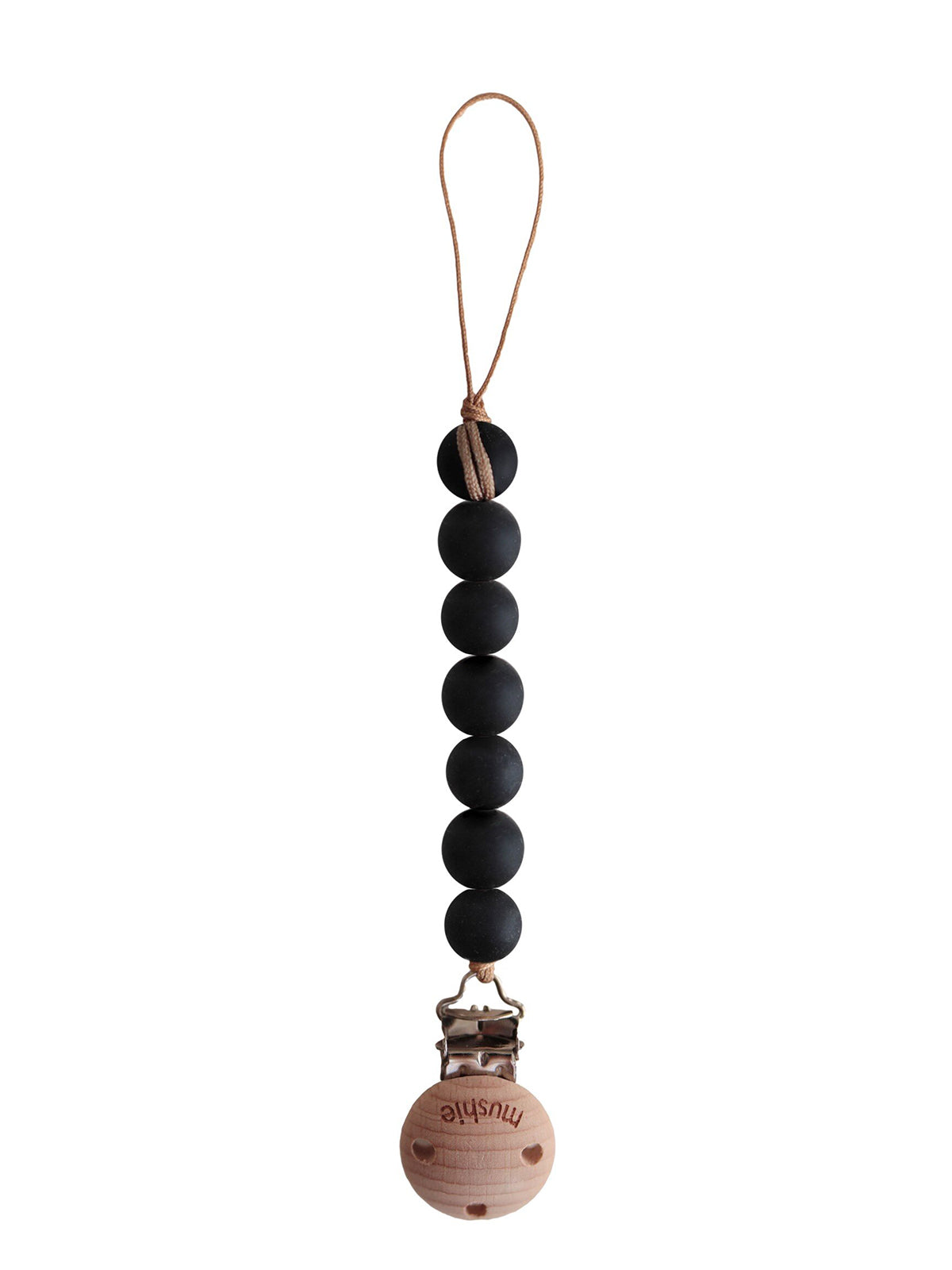 Mushie Cleo Pacifier Clip in Dried Thyme with black pacifier case, featuring a stylish and functional design for babies.