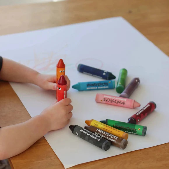 Honeysticks Beeswax Crayons Super Jumbos 7-pack in bright colors, featuring thick, eco-friendly beeswax crayons for kids' art projects.