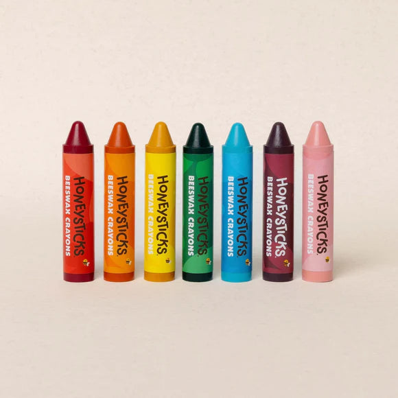 Set of Honeysticks Beeswax Crayons Super Jumbos 7-pack featuring colorful, eco-friendly crayons in bright hues for kids' creative art projects.