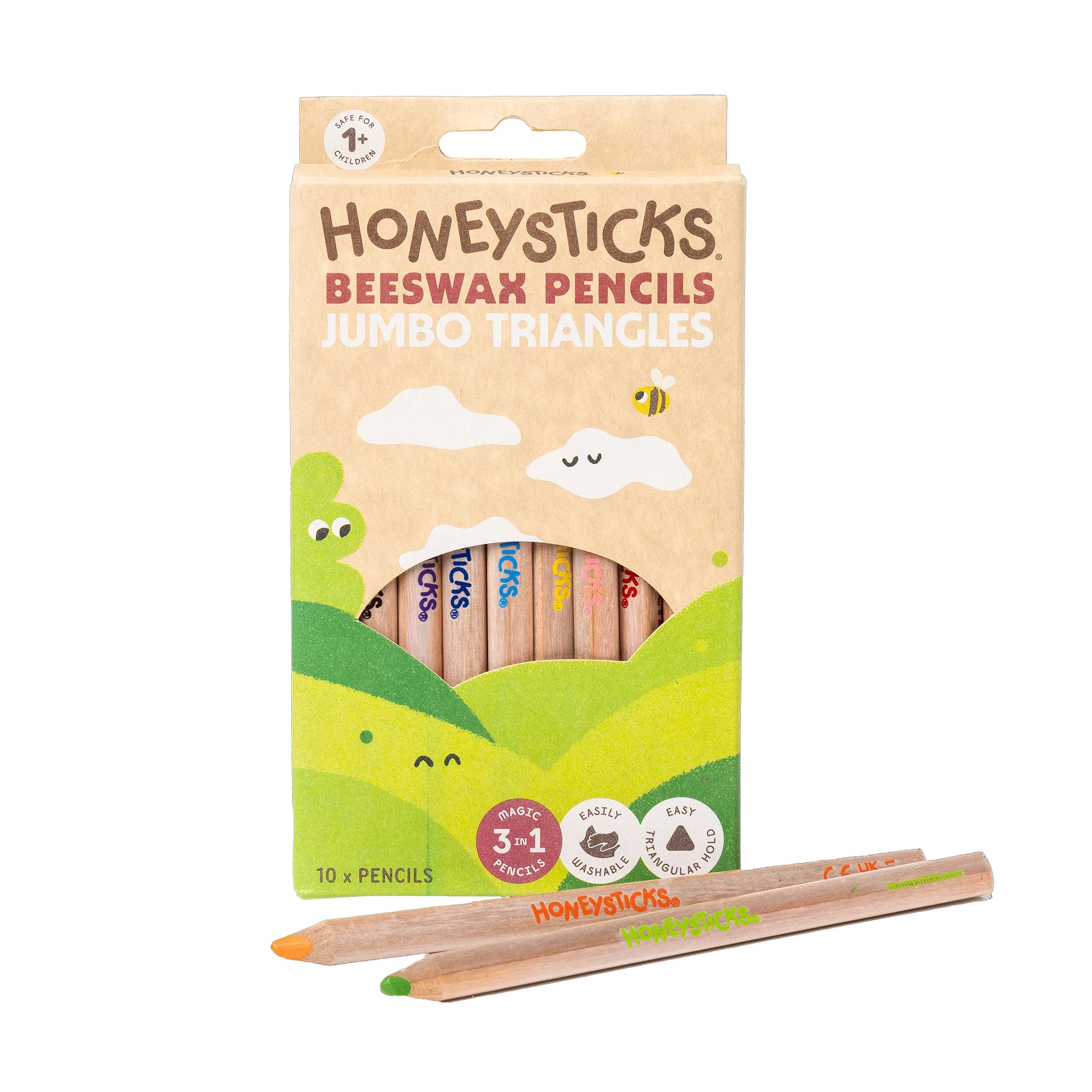 Set of ten Honeysticks Magic 3-in-1 beeswax crayon pencils in jumbo triangle shape, colorful and kid-friendly for creative art projects.