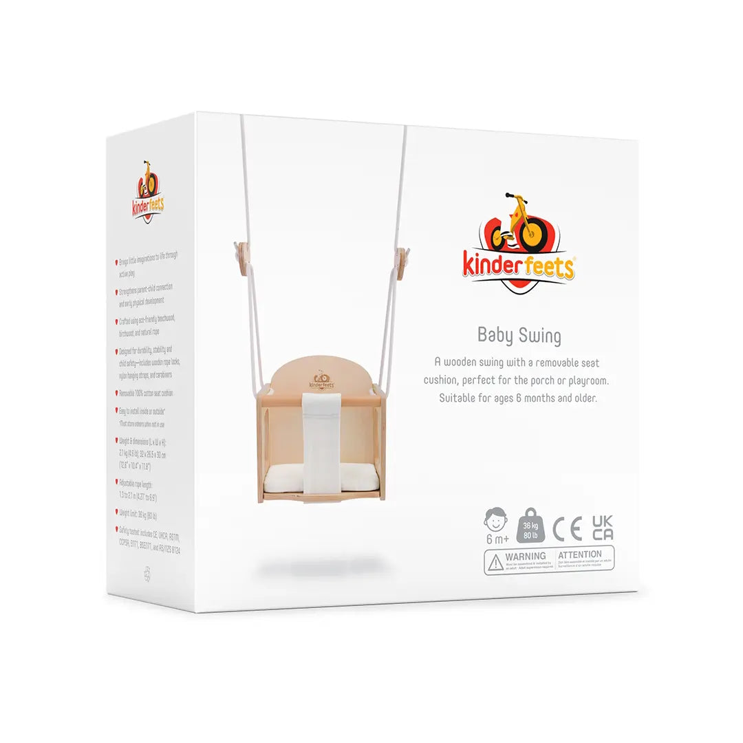 Kinderfeets baby swing with a sturdy wooden frame and fabric seat, designed for gentle rocking and outdoor or indoor use.